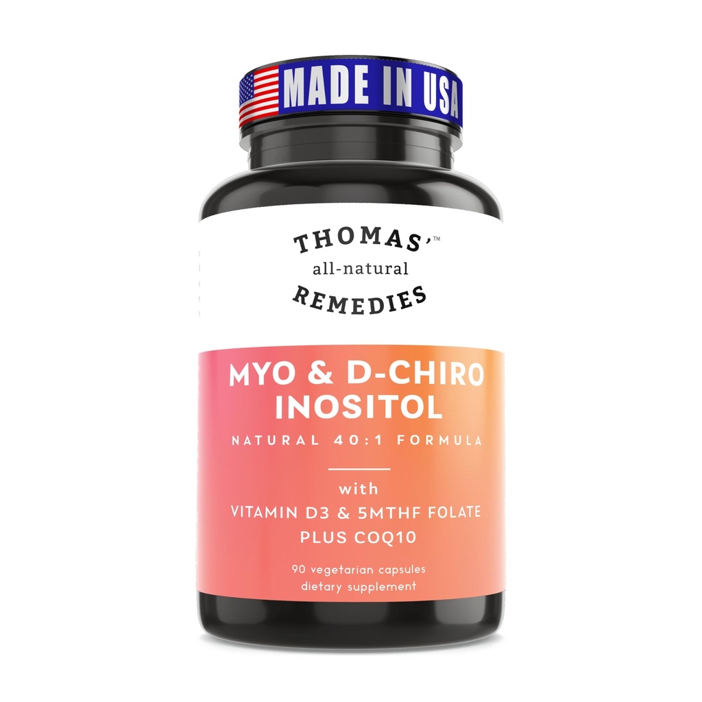 Thomas' todo-natural Remédios Myo Inositol Suplemento & D-Chiro Inositol Mistura Suplemento com Folato e Vitamina D3, 40 a 1 Razão, Não-GMO, Sem preenchimentos, CoQ10, 90 Cápsulas Vegan