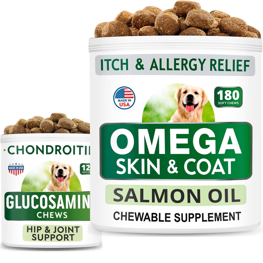 BARK & SPARK Glucosamina Dog Treats + Omega 3 para Dogs Bundle - Suporte de quadril e alívio da dor conjunta Suplemento + Mastigas de óleo de peixe para derramamento, Alergia da pele, Itch Relief, Pele e casaco Suplemento
