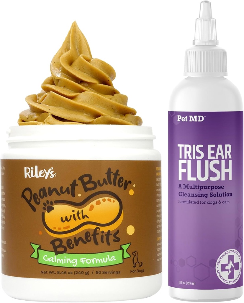 Pet MD Tris Veterinária Ear Flush + Riley's calmante manteiga de amendoim para cães