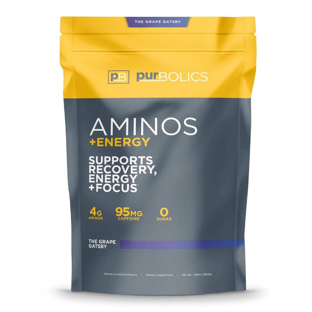 Purbólicos Aminós + Energia . Apoia Recuperação, Energia e Foco .. 95mg de Cafeína, 0 Açúcar & 60 Servings (O Gatsby de uva)