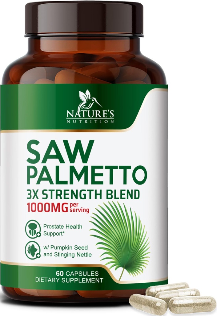 Saw Palmetto para homens 1000MG - 3X Suplemento de saúde da próstata - Suplemento de extrato de ervas - Suplementos de próstata para apoio à saúde do homem, Urinário próstata e suporte à saúde do cabelo - 60 Cápsulas