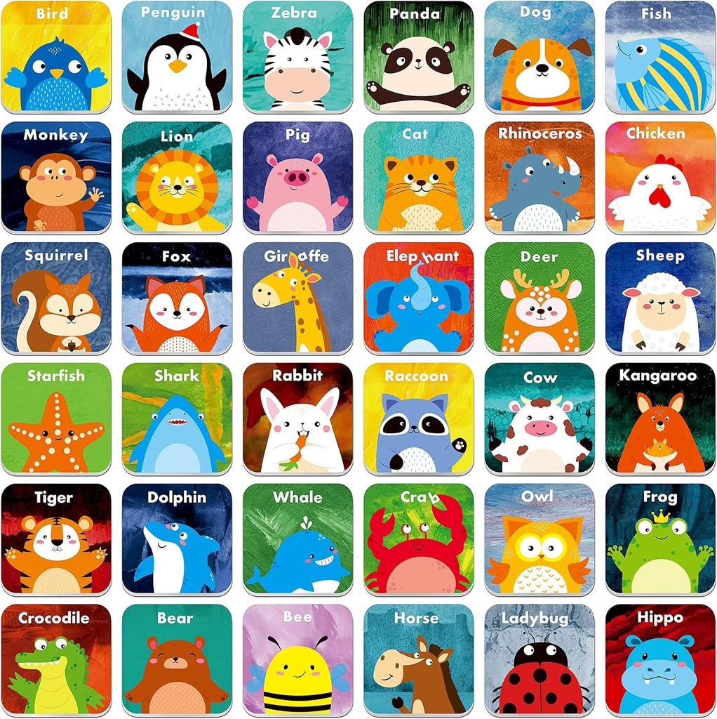 Hebayy 36 animais emparelhados jogo cartoon flash cards apagable (72 PCs, cada medida 2” X 2”)