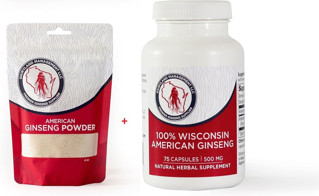Dairyland American Ginseng Powder 4 onças e Cápsulas 75 ct Pack of Wisconsin Ginseng – Direct from Farmer to Consumer