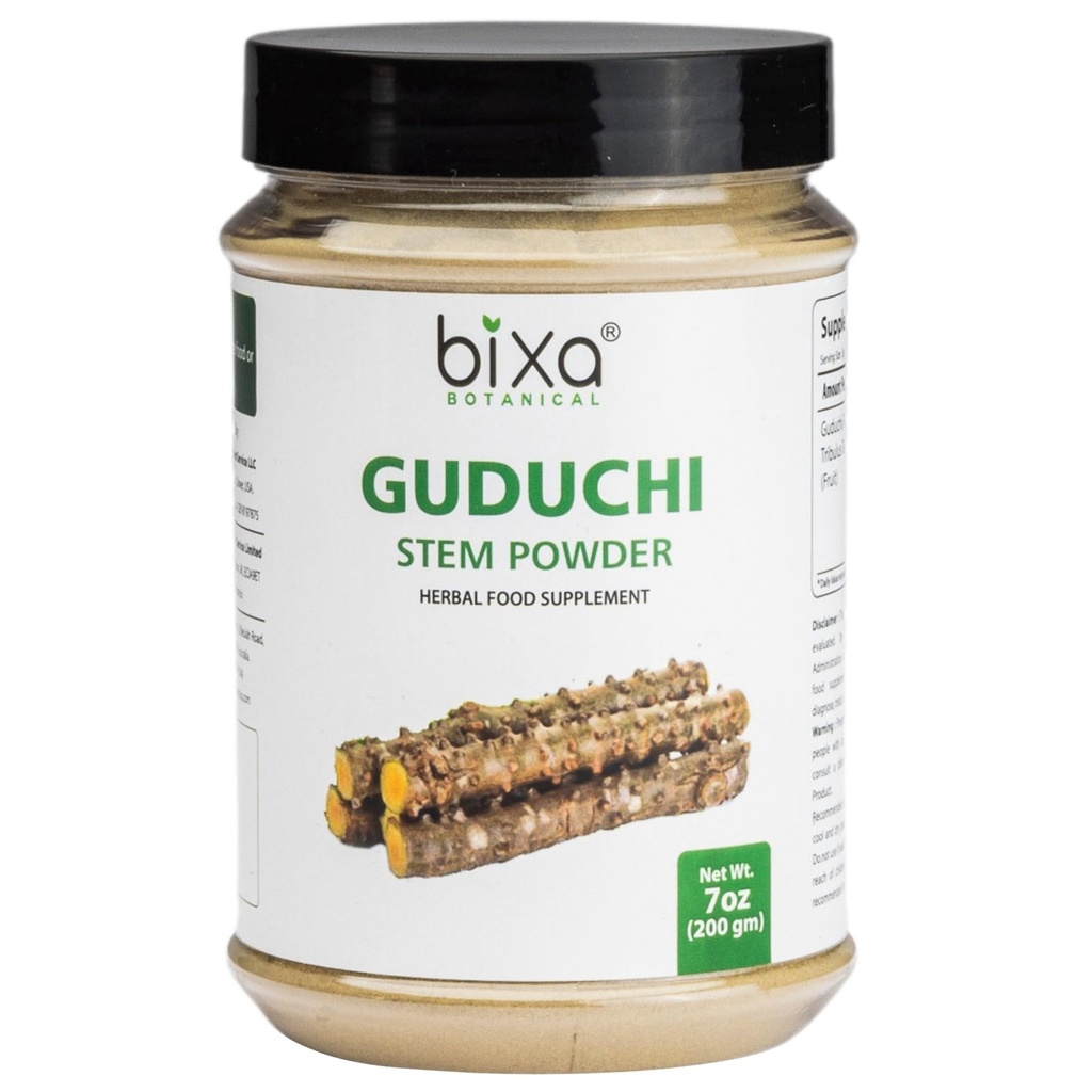 bixa BOTANICAL Guduchi Powder (Giloy) Tinospora Cordifolia (200 gramas / 7 OZ) Suplemento de ervas ayurvédicas para suporte de imunidade (Gluten Free, Non-GMO, Steam Treated, Vegan, 100% Pure).