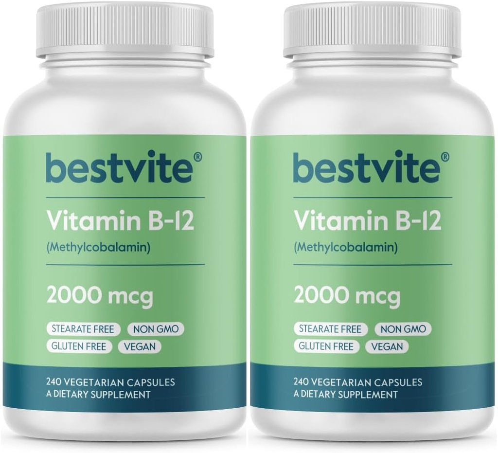 BESTVITE Vitamina B12 (Metilcobalamina) 2000mcg (480 Cápsulas vegetarianas) (2 x 240) (Metil B12) - Sem Estearatos - Vegan - Não OGM - Glúten Livre