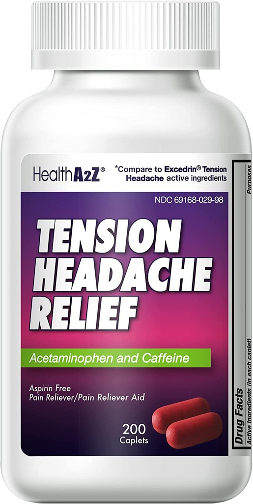 HealthA2Z® Tensão Alívio da dor de cabeça (500mg de acetaminofeno ) Cafeína 65mg Ajuda do alívio da dor (200 caplets)
