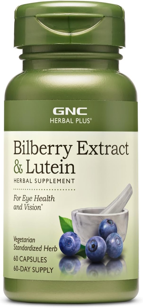 GNC Herbal Plus Bilberry Extract e Suplemento Lutein, Vegetariano, Suporta saúde ocular e visão, 60 Servings