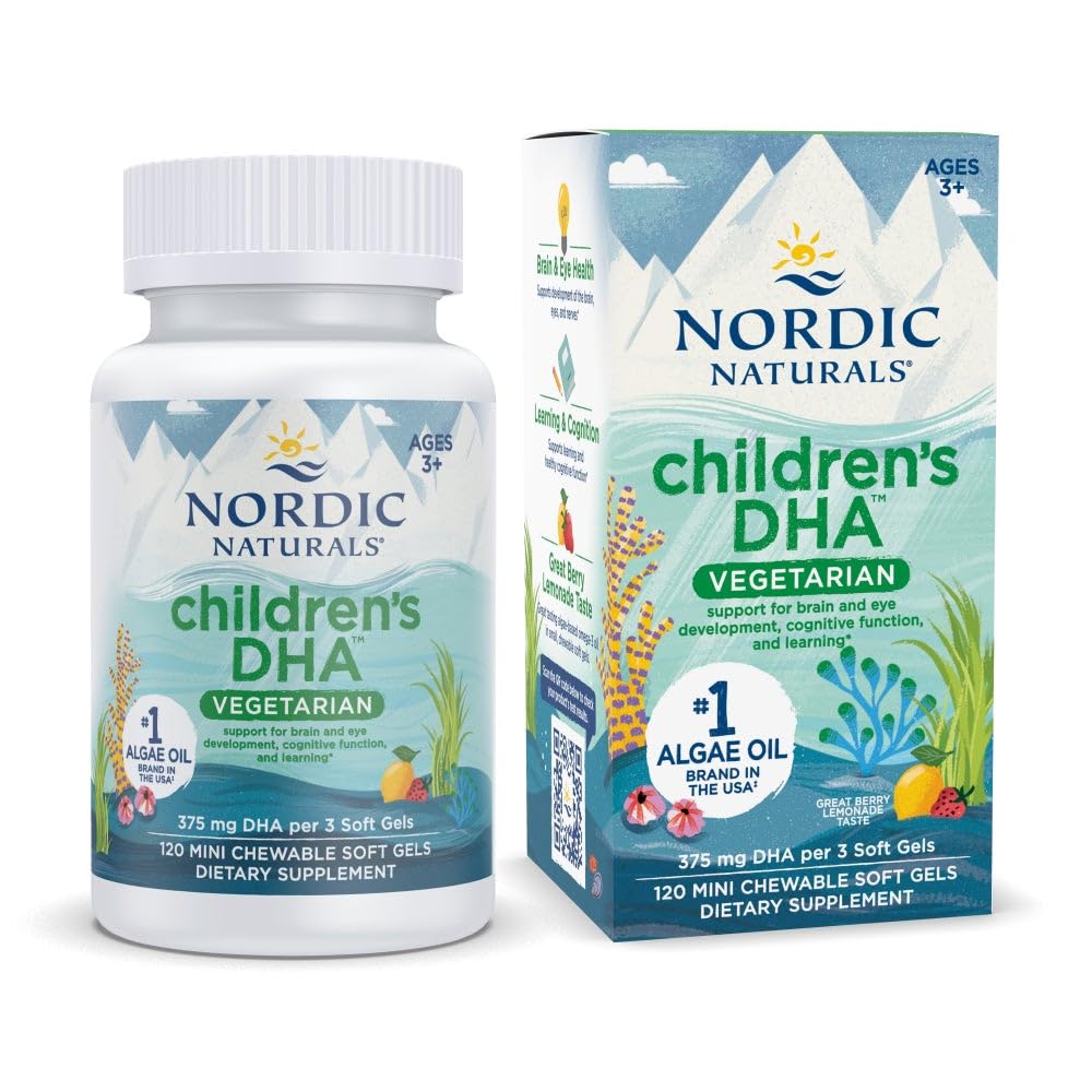 Naturals nórdicos DHA Vegetarian - Kids DHA Omega-3 Suplemento - Óleo de Algas - Berry Limonada Mini Mastigables - Fórmula baseada em plantas para idades 3+ - 120 Geles macios - 40 Servings