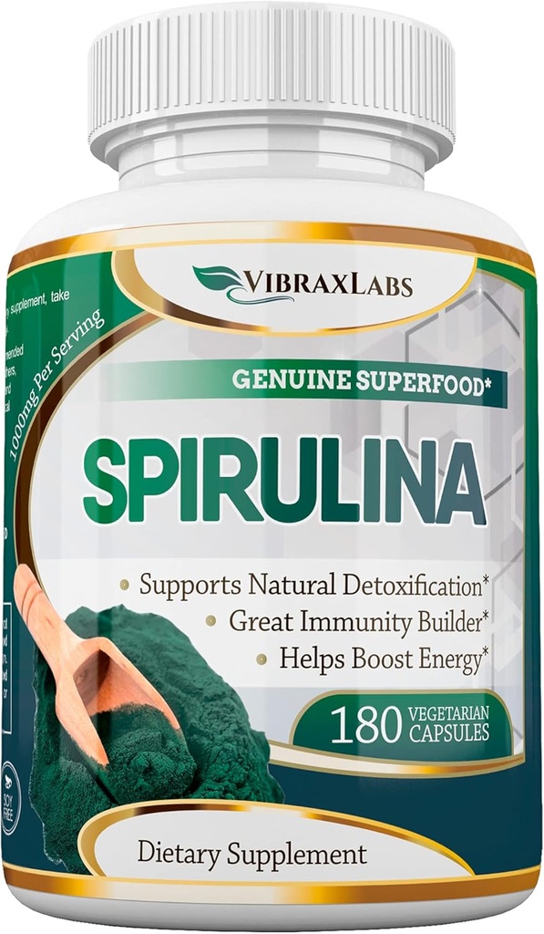 Vibraxlabs Spirulina Cápsulas – 100% Pure 1000mg Servindo (500mg Cápsulas Veggie) Suplemento em pó, Suporta desintoxicação natural, Benefícios Saúde em um nível celular, Melhor com chlorela