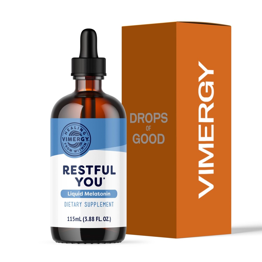 Vimergy Restful You* Liquid Melatonin - Fast-Absorbing Support for Restorative Sleep. Customizable Serving Size. Kosher, Vegan, Paleo-Friendly, Non-GMO. Serving Size: Adults 1mL, Kids 0.2mL.*