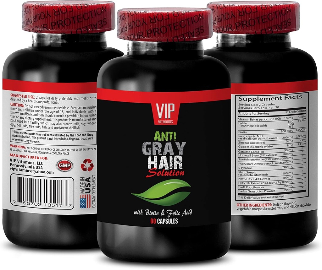 Melhor Naturals Anti Cabelo Cinzento - Cabelo Anti Cinzento para Homens e Mulheres - GET Your Style Back - Para de mudar de cabelo Cinzento - catalase para Cabelo Cinzento - Suplemento Anti Cabelo Cinzento - Suporte de cabelo Vitaminas 1Bot 60Caps