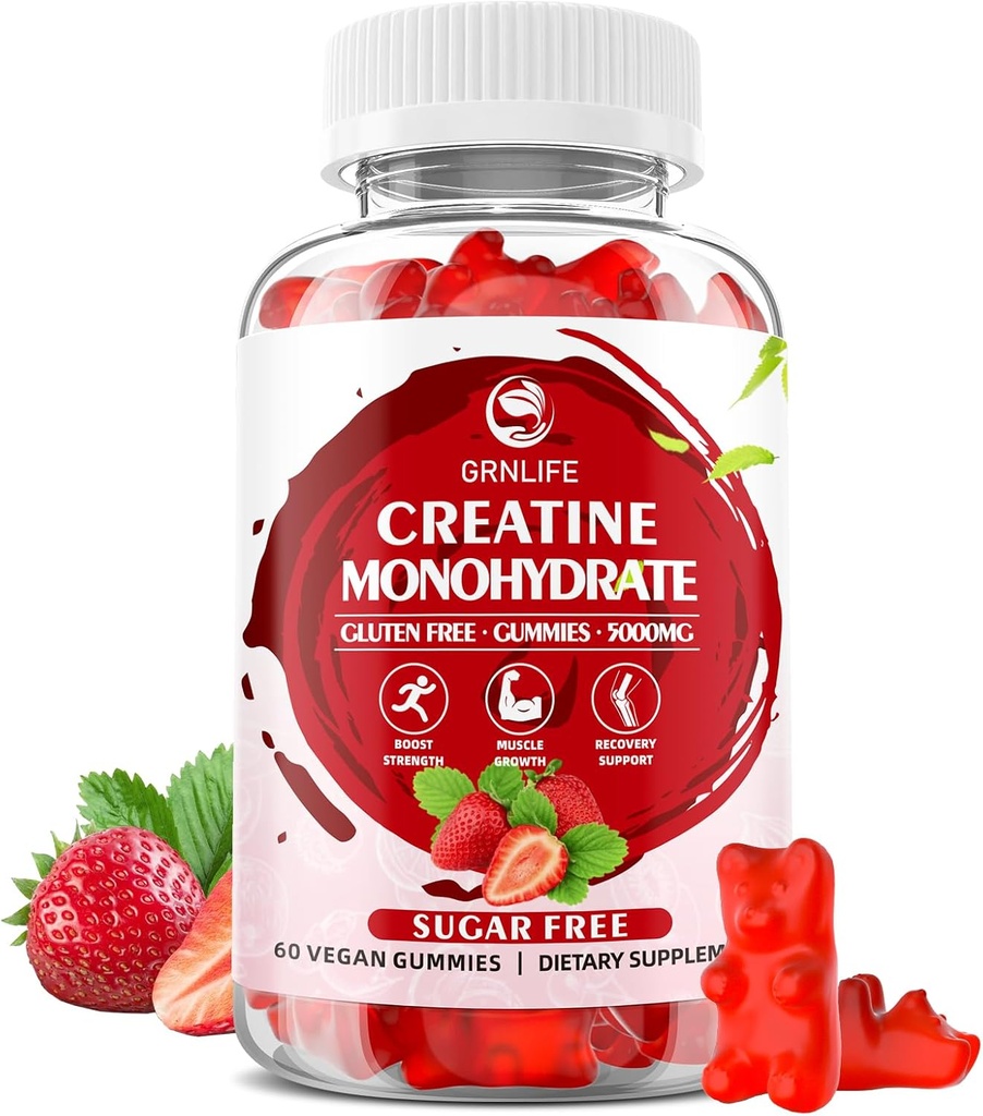 Creatina Gummies mono-hidratados para homens e mulheres, Mastigáveis Creatina Mono-hidratado para força muscular, Muscle Builder, Energia Boost, Açúcar livre, Vegan, Morango Flavor-60 Conde