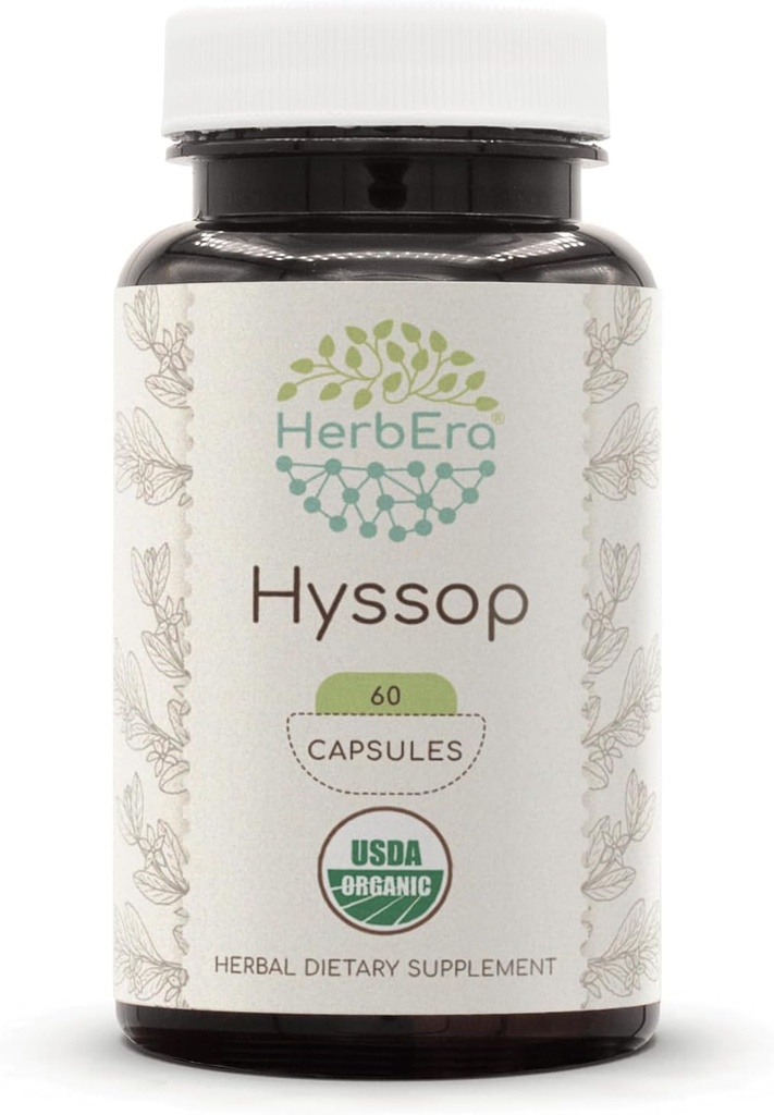 HerbEra Hyssop USDA Organic 60 Cápsulas □ Suplemento de ervas naturais □ Cápsulas vegetarianas orgânicas certificadas e Hyssop orgânico (Hyssopus officinalis) Herb seco (60 Cápsulas)