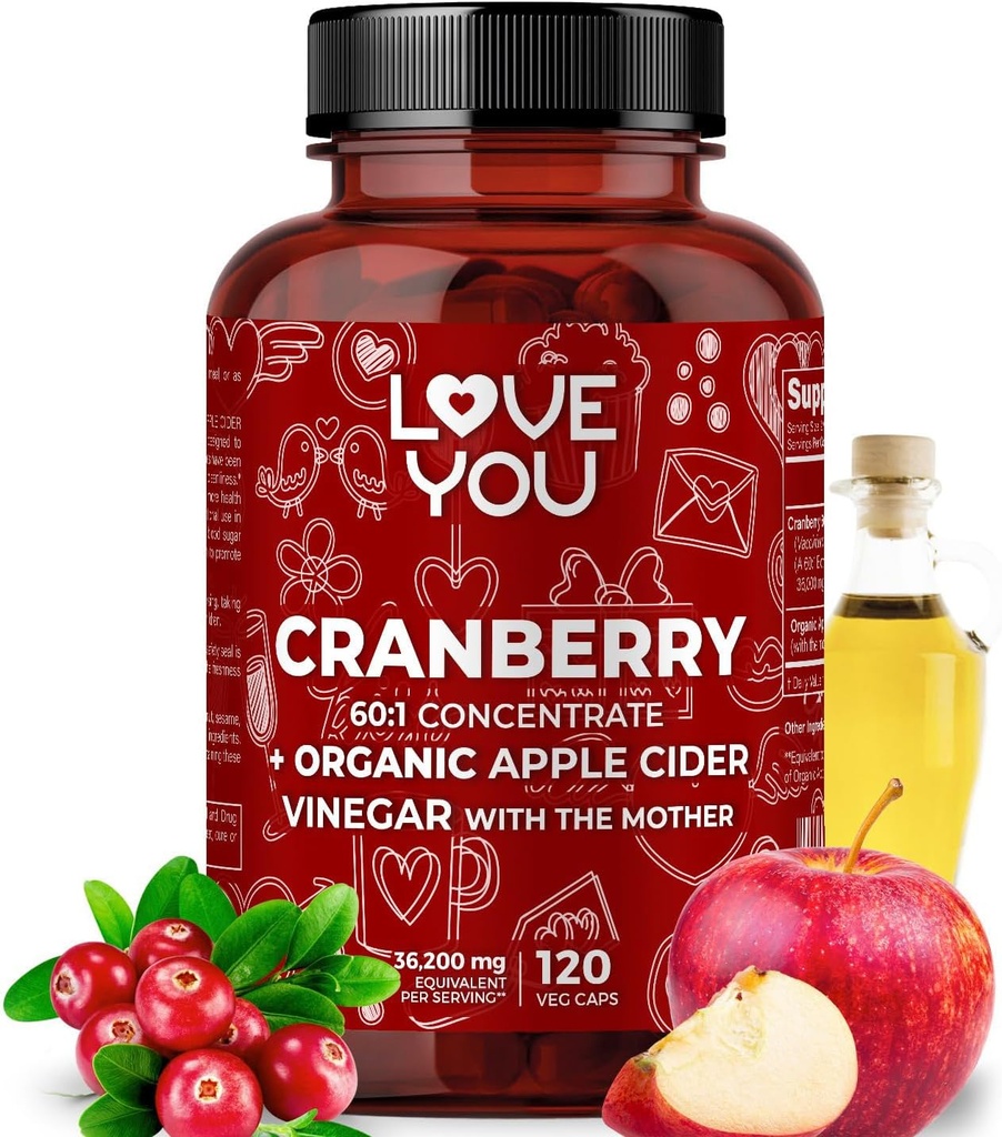 Love You Cranberry 60:1 Extract + Organic Apple Cider Vinagre – Max Força 36,200 mg Equivalente – 120 Cápsulas Vegan – Trato urinário & Suporte digestivo