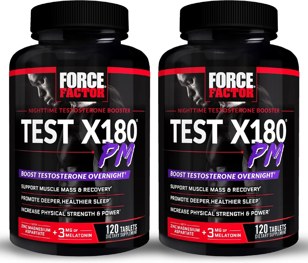 FORCE FACTOR Teste X180 PM, 2-Pack, Testosterona Booster para homens, Overnight Testosterona Suplemento para construir músculo, aumentar a força, e promover sono mais profundo, saudável e recuperação, 240 comprimidos