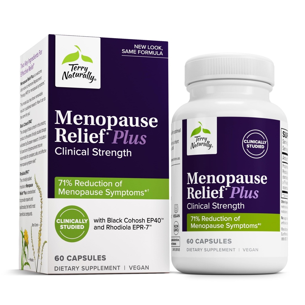 Terry Naturalmente Menopause Relief Plus - Suplemento de Sintomas de Menopause - Suplemento para ajudar contra cansaço ocasional e suores noturnos - Suplemento com Rhodiola & Black Cohosh - 60 Cápsulas