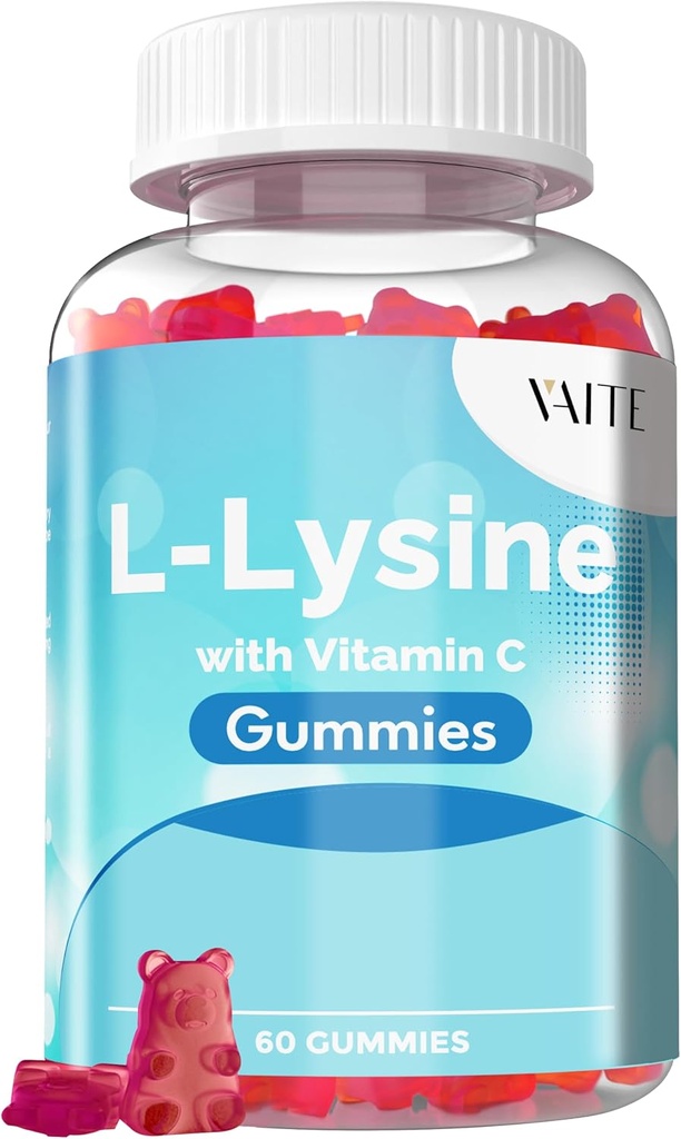 VAITE L-Lysine 800mg Gummies com vitamina C - Pele, Lip & Soro frio* Suporte para mulheres - Lisina para adultos, Suporta tecido de saúde e sistema imunológico, Aminoácido & Suplementos complexos, 60 Vegan Chewable