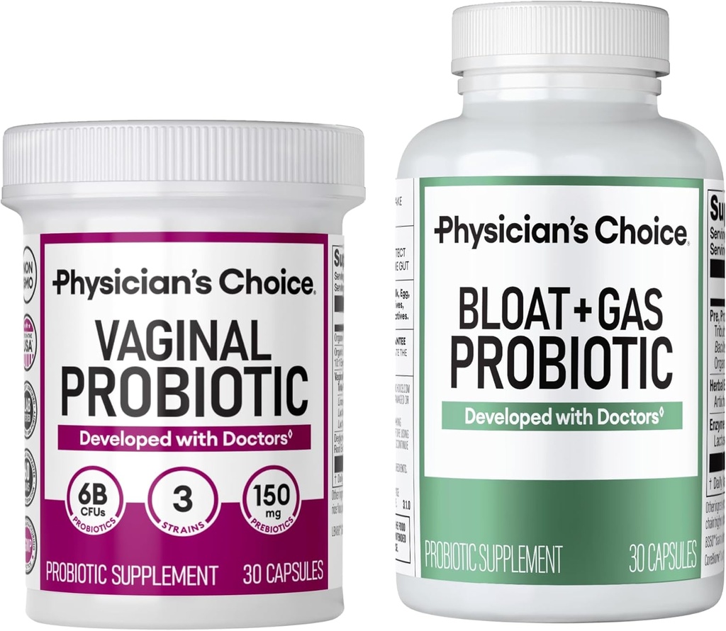 Escolha do médico Bem-estar vaginal Probiótico 30ct + Bloat & Gás Probiótico 30ct - Monthly Relief Combo para as mulheres
