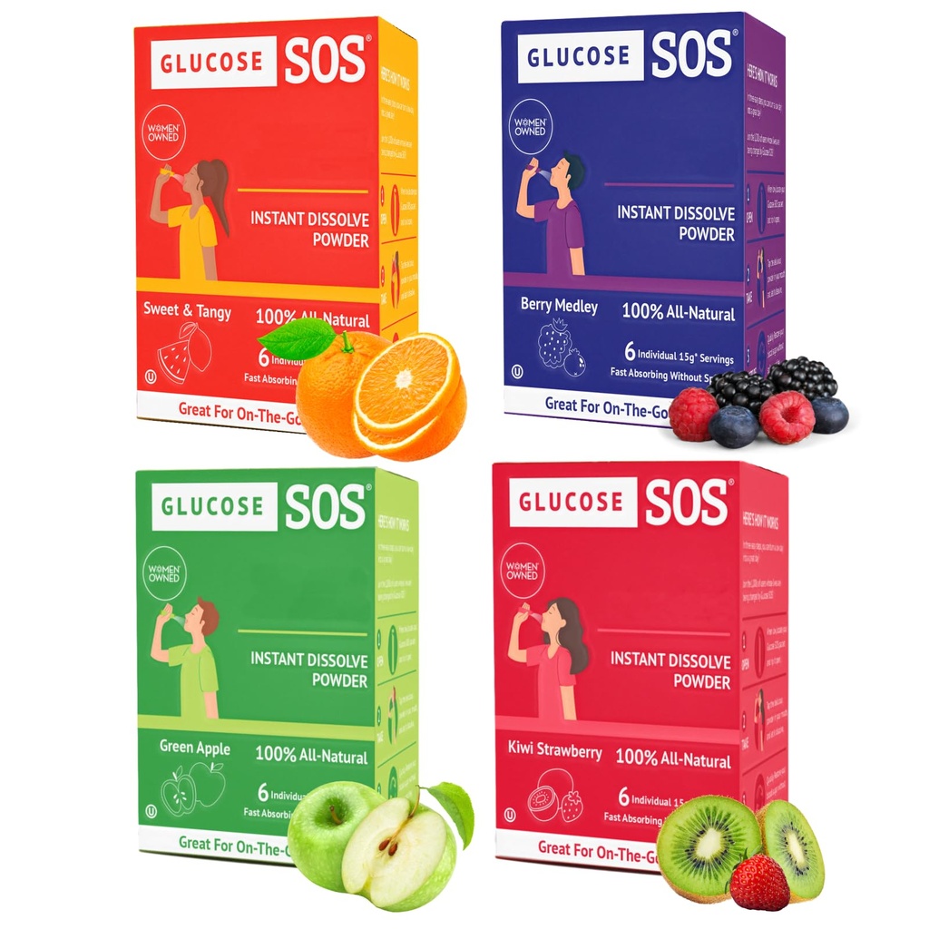 Glicose SOS Embalagens de glucose com dextrose natural, rápida absorção que dissolve instantaneamente na boca sem necessidade de água, 4 Sabor Variety 24 Servings
