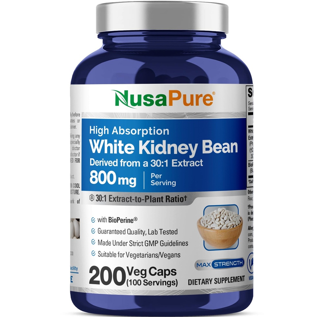 NusaPure White Kidney Beans 30:1 Extract, 800 mg Equivalente a 24,000 mg 200 Cápsulas Vegan - Bioperina - (Vegan, Não-GMO)