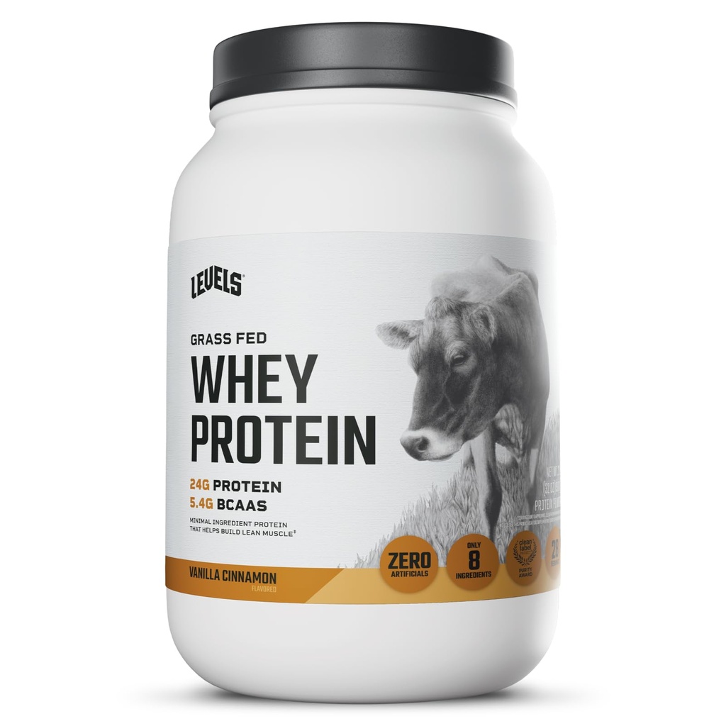 Níveis de proteína de whey alimentado de grama em pó, sem artificiais, 24G de proteína, baunilha canela, 2LB
