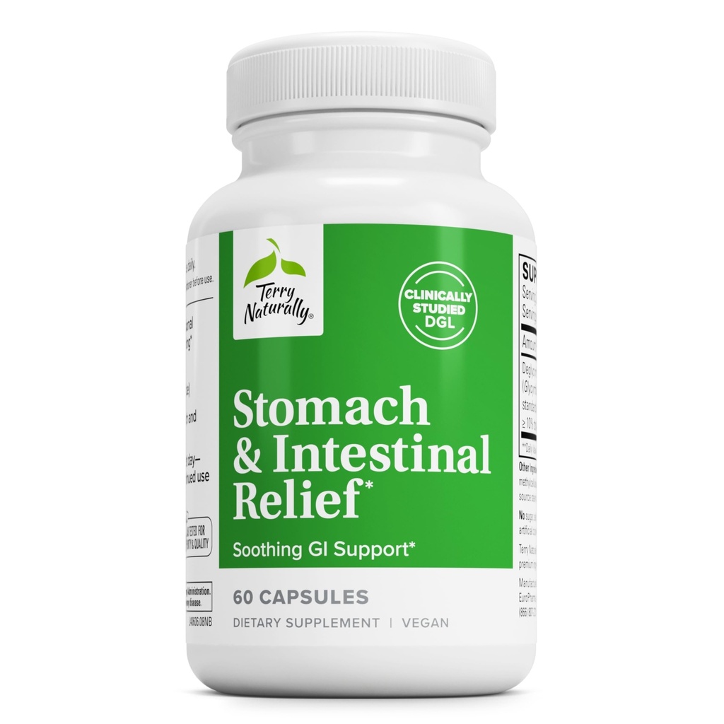 Terry Naturalmente Estômago e alívio intestinal - Suplemento para ajudar saúde digestiva e revestimento intestinal - Aids contra desconforto digestivo ocasional para acalmar o estômago - 60 Cápsulas