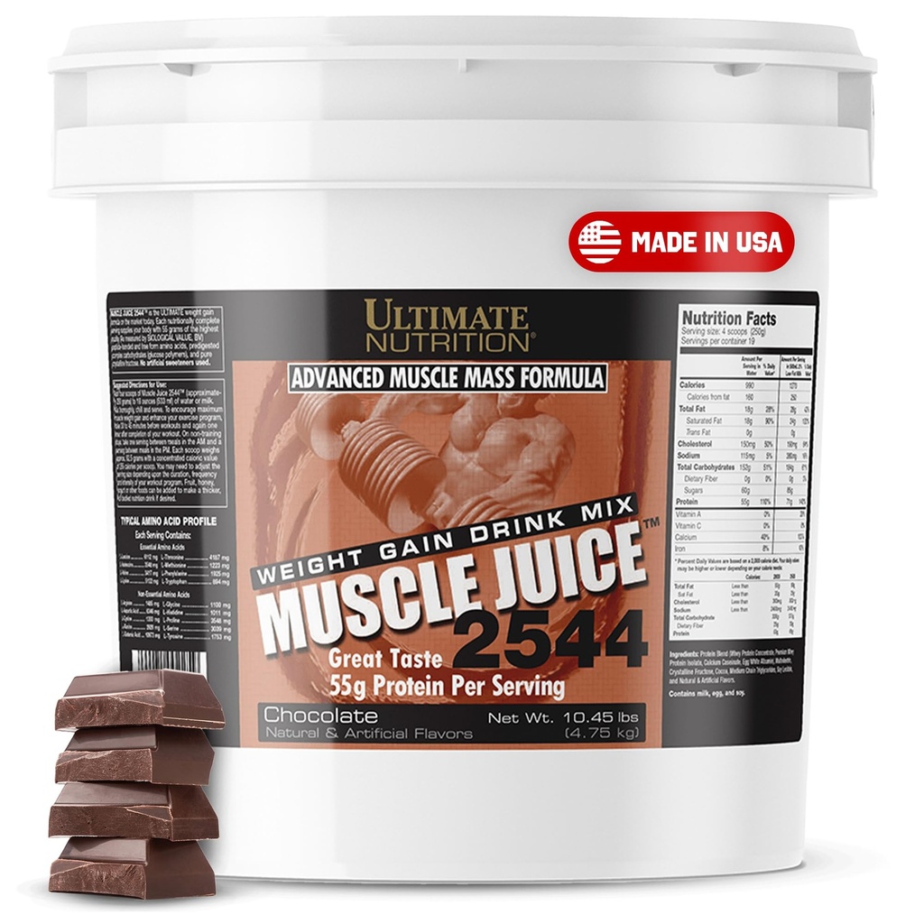 Ultimate Nutrition Muscle Juice, Weight Gain Drink Mix - Massa Gainer exercitar pó para homens e mulheres - Suplemento para crescimento muscular magro e apoio imunológico com 55g de proteína - Chocolate, 10,45lb