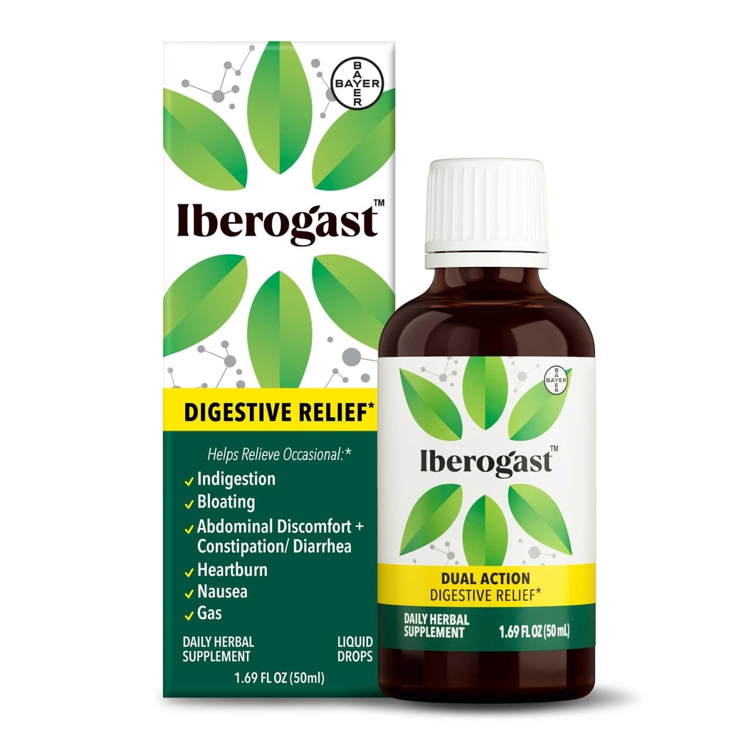 Gotas líquidas de Iberogast, alívio de ervas do estômago: indigestão ocasional, inchaço, gás, náusea, estômago perturbado; sem glúten; mistura de 6-herb com Iberis Amara, hortelã-pimenta, alcaçuz; 50mL