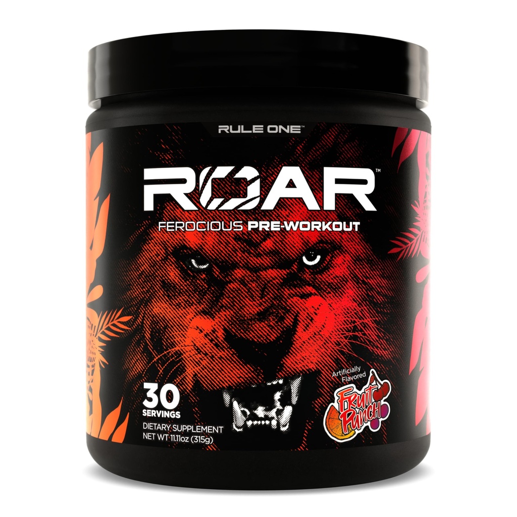 Regra 1 R1 Roar - Pó pré-treino com Creatina, Beta-Alanine, Citrulina, Eletrolíticos e Cafeína (30 Servings, Fruit Punch)