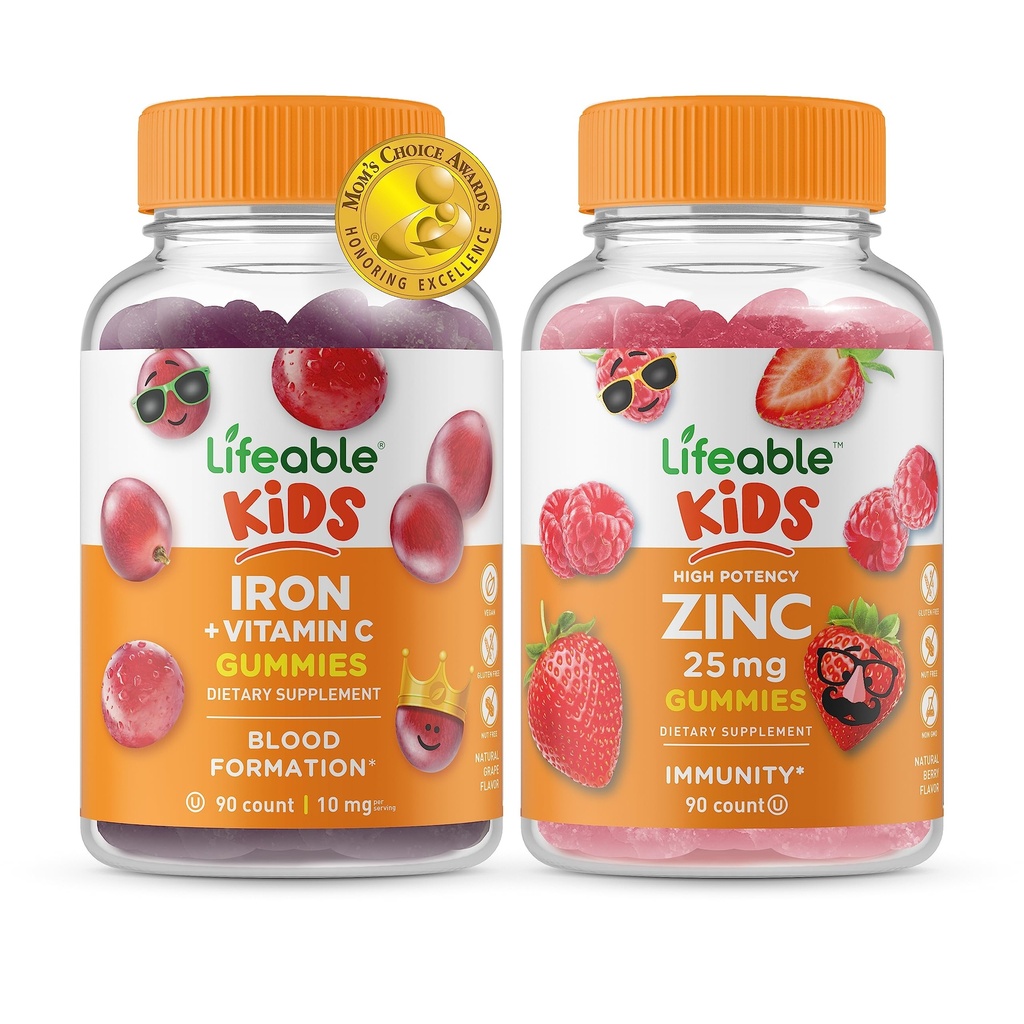 Crianças de ferro vivo e vitamina C + Zinco 25mg Crianças, chicletes Bundle - Grande degustação, Suplemento de vitamina, Gluten Free, GMO Free, chiclete mastigável