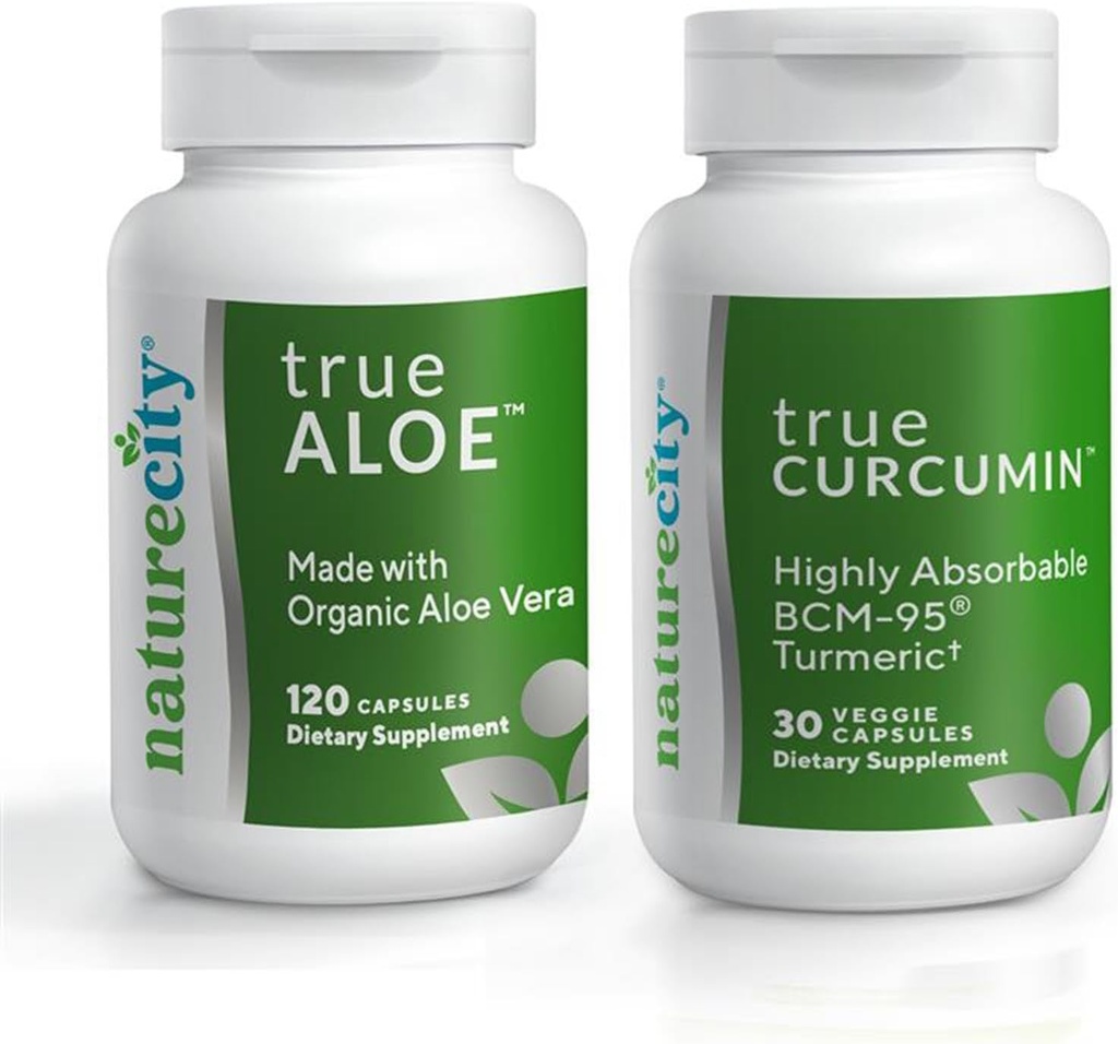 NatureCity Joint Support Bundle; True-Aloe Made with Organic AloeVera, 120 Cápsulas + True-Curcumina com 500mg de Altamente Absorvível BCM-95 Curcumina + Óleo Essencial Acumérica, 30 Cápsulas