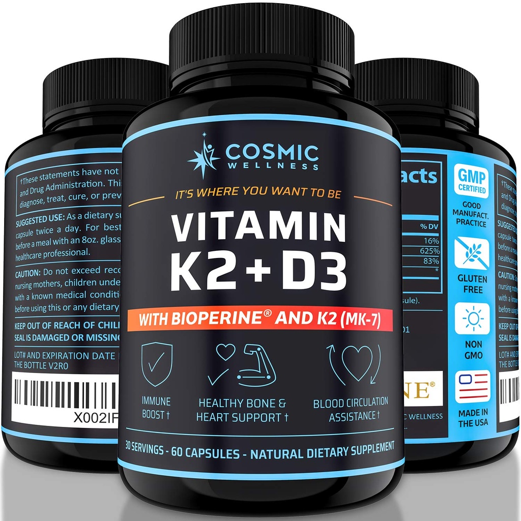 K2 D3 Suplemento de Vitamina 5000 Iu - para ossos mais saudáveis, sangue, coração e melhor imunidade - Absorção de cálcio melhorada com bioperina - 100% natural e livre de alergénio - vitamina D3 K2 Mk7 5000 Iu