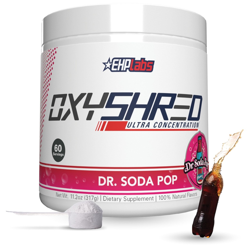 EHP Labs OxyShred Queimador de gordura termogênico - Pó pré-treino com L-Glutamina, Acetil L-Carnitina, Metabolismo Booster, Perda de Peso, Controle de Apetite, Bebidas Energéticas, Dr. Soda Pop, 60 Servings