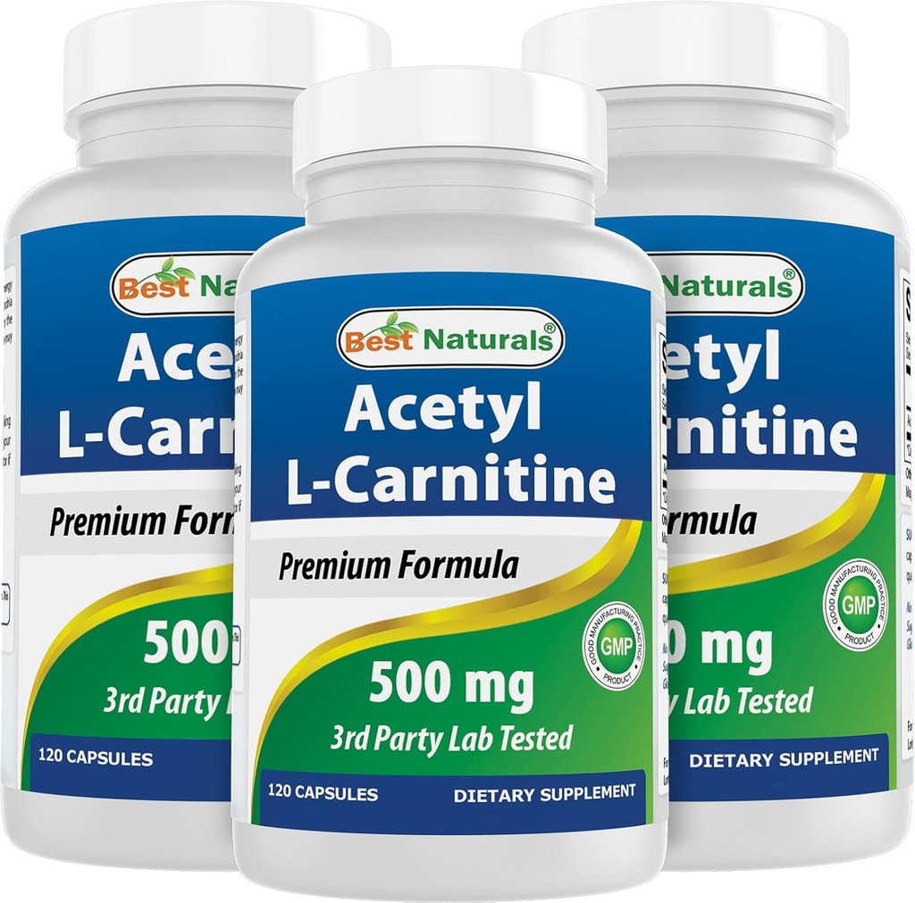 Best Naturals Acetil L-Carnitina (ALCAR) 500mg, 120 Cápsulas, 120 Servings - Non-GMO and Gluten Free, 1 Cápsula por Serving (3 Embalagem)