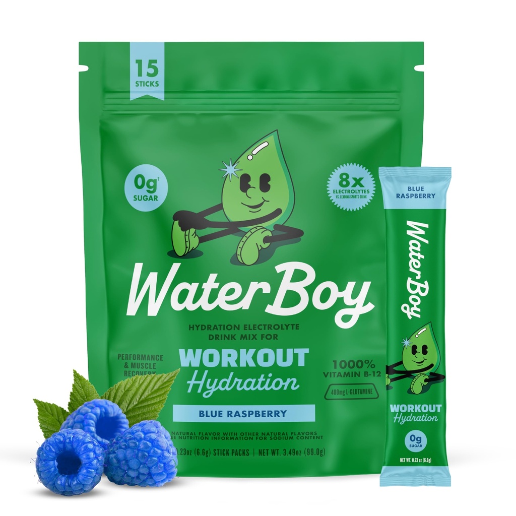 Waterboy exercitar a hidratação do açúcar livre de 2,960mg em pó de eletrolite pacotes de L-Glutamina + Vitaminas, sem açúcar, tudo natural, sem glúten, 15 bebidas mistura de vara (framboesa azul)
