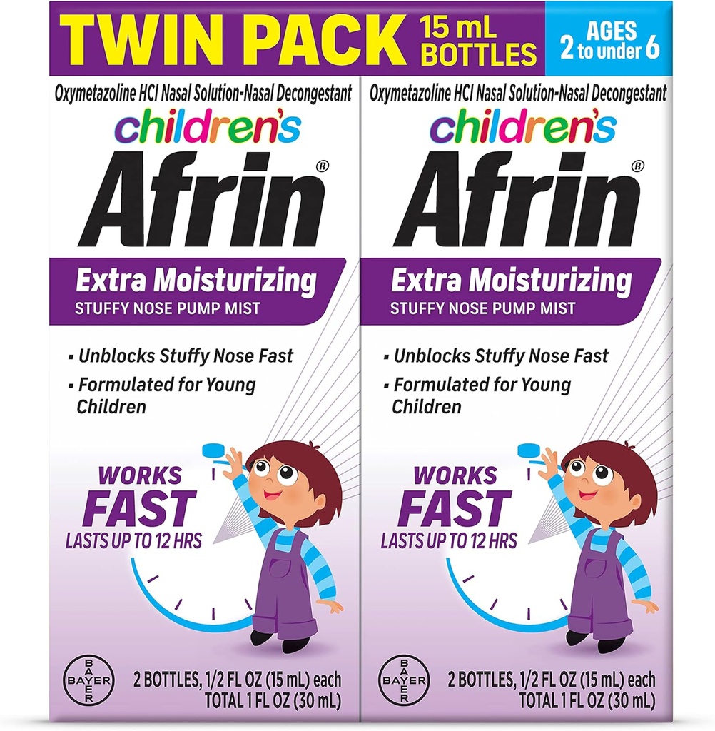 Afrin Crianças Extra Hidratante Névoa nasal, Não-Drowsy, Descongestionante de ação rápida para até 12 horas de alívio do nariz abafado, Crianças Idade 2 a 6, .5 fl oz (Pack of 2)