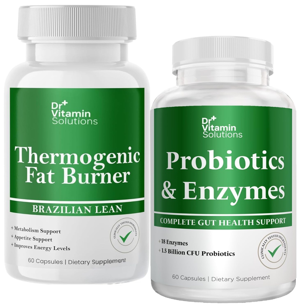 DR VITAMIN SOLUTIONS Queimador de gordura termogênico & Probióticos Enzimas Digestivas com Prebióticos para Saúde Digestiva & Alívio Bloating para Mulheres e Homens - Bundle 90 Caps