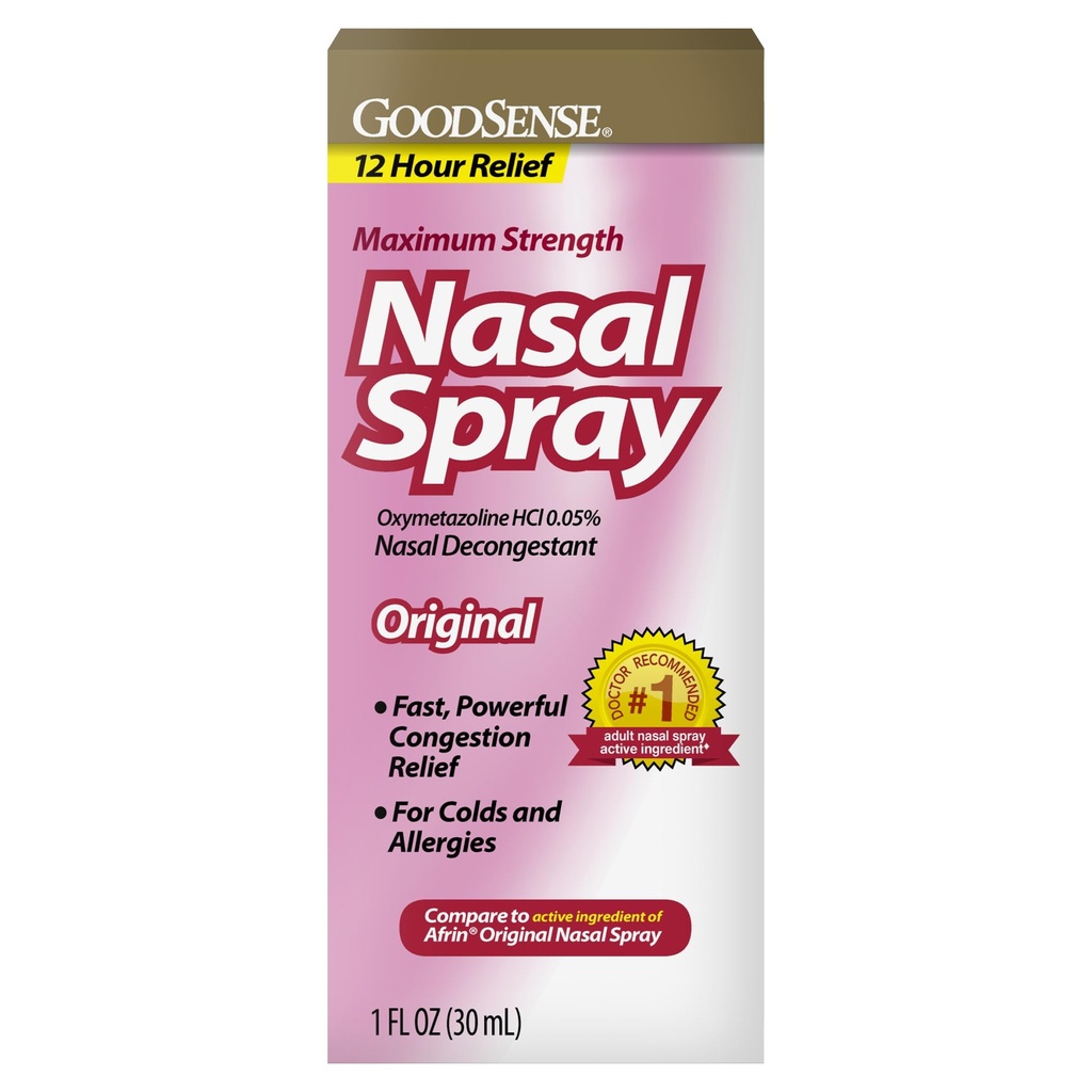 Spray nasal de força máxima GoodSense, alívio de congestionamento rápido e potente para resfriados e alergias, 1 onça fluida