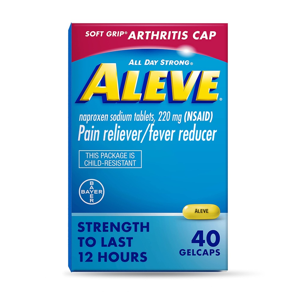 Gelcaps Aleve com tampa Soft Grip®, Naproxeno Sódio, Medicina de alívio da dor, 40 contagem