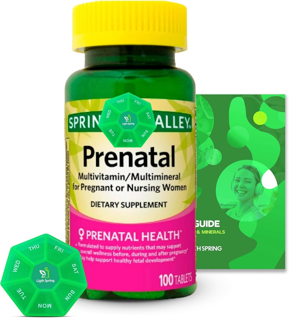 Multivitamina pré-natal/multimineral 100 comprimidos com pacote Vitaminas exclusivas & Minerais - A a Z - Guia Melhor Ligth & Primavera + Organizador Semanal de Comprimidos (3 itens)