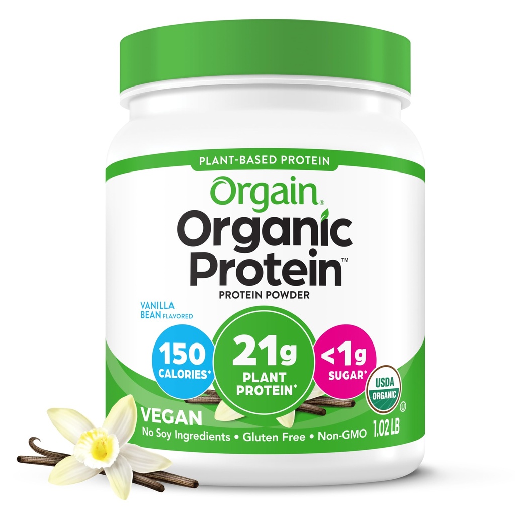 Orgain Organic Vegan Protein Powder, Vanilla Bean - 21g Vegetal Based Protein, 4g Fibra Prebiótica, Sem Ingredientes Lactose, Sem Açúcar Adicionado, Não-GMO, Para Shakes & Smoothies, 1,02 lb (Pacote de Vary Maio)