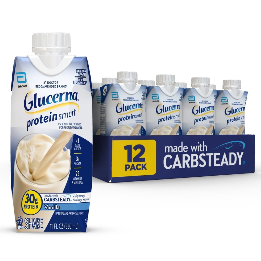 Glucerna Protein Smart Diabetes Care Shake, Baunilha, Substituição de Refeição Diabética para apoiar o gerenciamento de açúcar no sangue, 30g de proteína, 150 calorias, pronto para beber, garrafa de 11-fl-oz, 12 embalagem