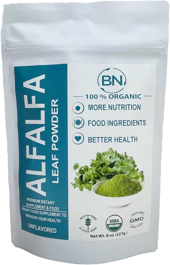 Alfalfa Folha em pó - Suplemento Verde Superalimentar para Bebidas, Chá, Shakes, Vegan, Sem glúten, Não OGM, Kosher