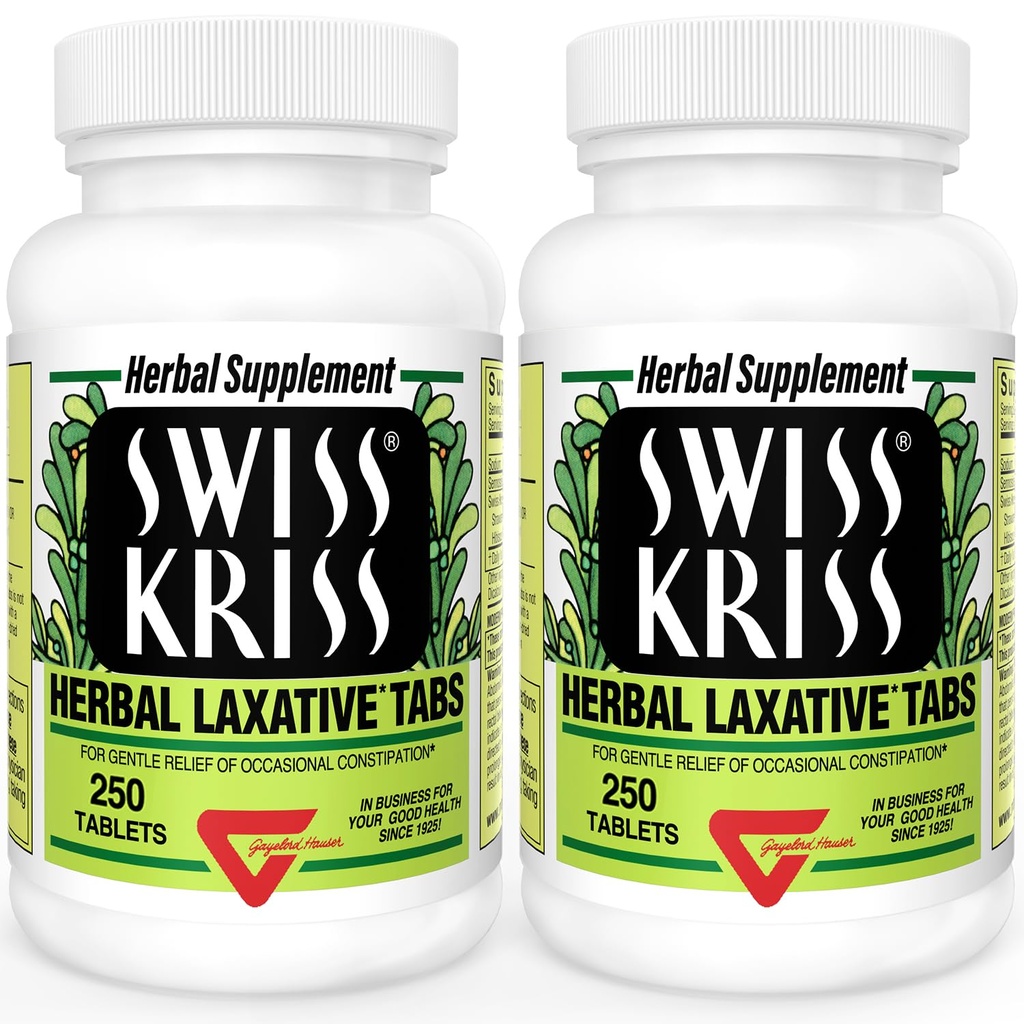 Comprimidos Laxativos Suíços de Kriss Herbal, Laxantes Naturais para alívio da constipação, Senna Laxative, 250 comprimidos (Pacote de 2)
