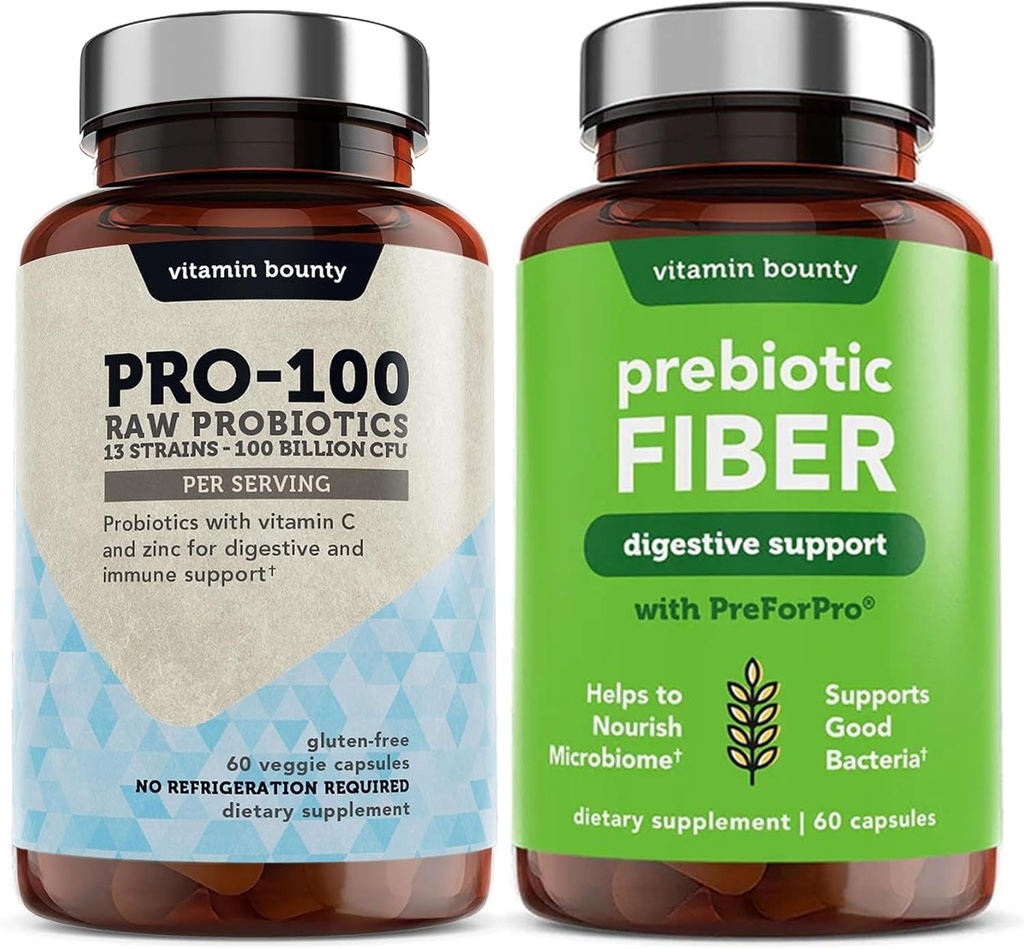 Vitamina Bounty Pro-100 Probióticos e pacote de fibras prebióticas: Ultimate Gut Health Support com 13 Strains, 100 bilhões de UFCs, Zinco e vitamina C, cápsulas de libertação tardia - 90 cápsulas