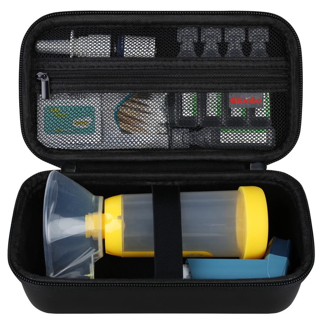 Elonbo Carrying Case for Asthma Inhaler, Inhaler Spacer for Kids and Adults, Máscaras, Inhaler Holder Asthma Travel Organize Bag, Pocket Fits Allergy Meds, Ventolin Inhaler, Preto (apenas caso)