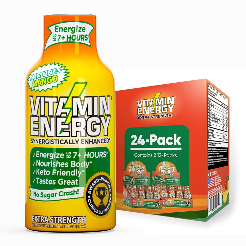 Vitamina Energia Imune+ Força extra Energia Shot Mango 24 Pack, 260mg Cafeína Natural, B-Vitaminas, Citicolina, Chá Verde, Imunidade e Foco Suporte, Açúcar Zero, Sem glúten 1,93 fl oz