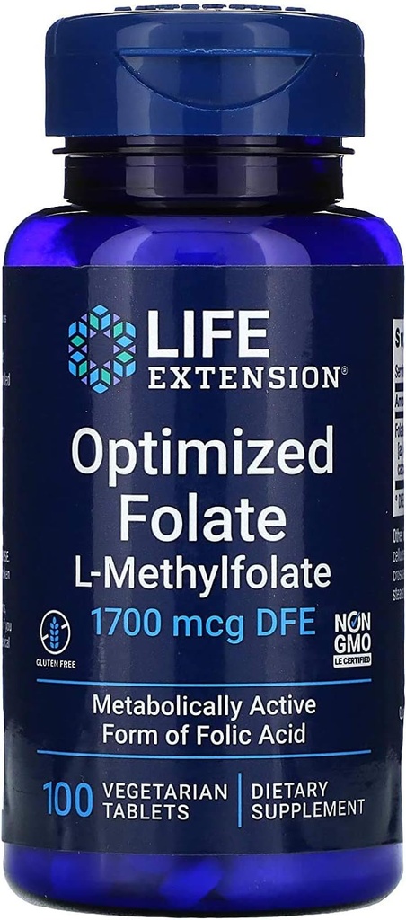 Extensão de vida Folato L-Metilfolato otimizado 1000 mcg Comprimidos Vegetarianos 2 Pack