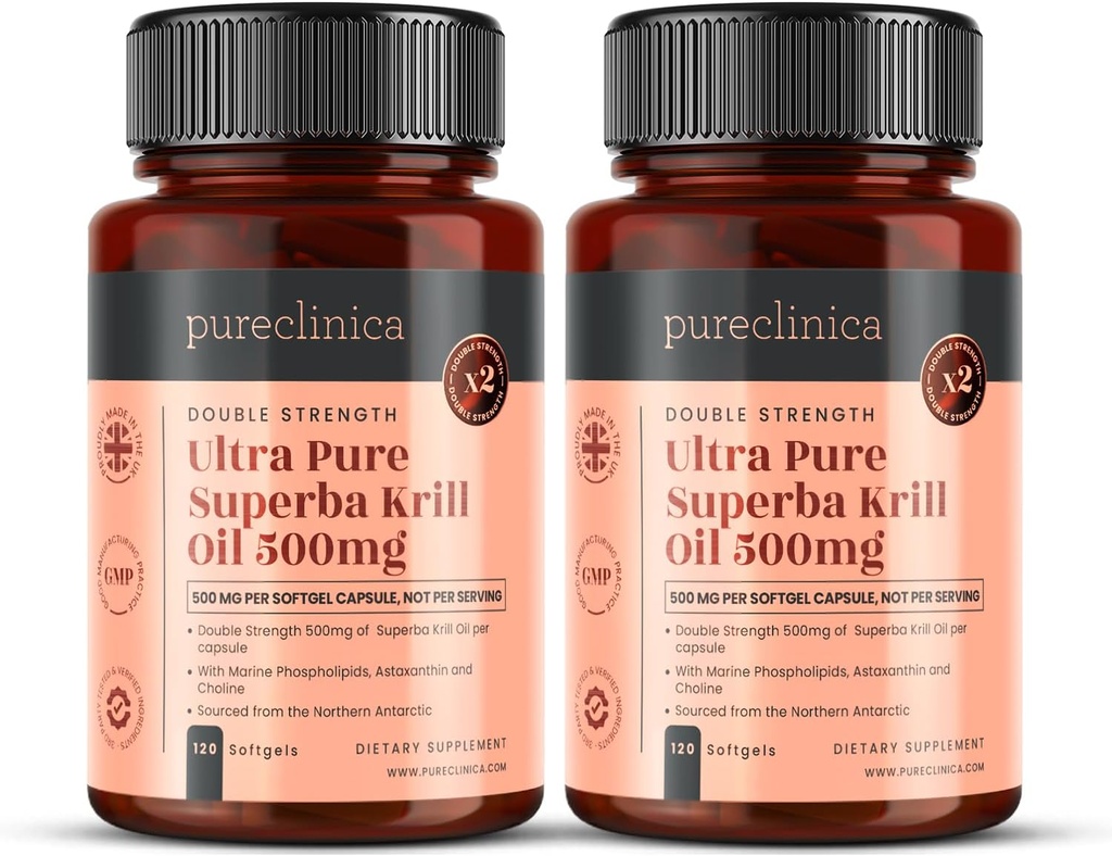 Ultra Puro Krill Oil 500mg x 240 Cápsulas (2 Garrafas) - Fonte em As Águas não poluídas da Antártida Fornecendo uma rica fonte de Astaxantina, Ómega 3 e Vitamina D