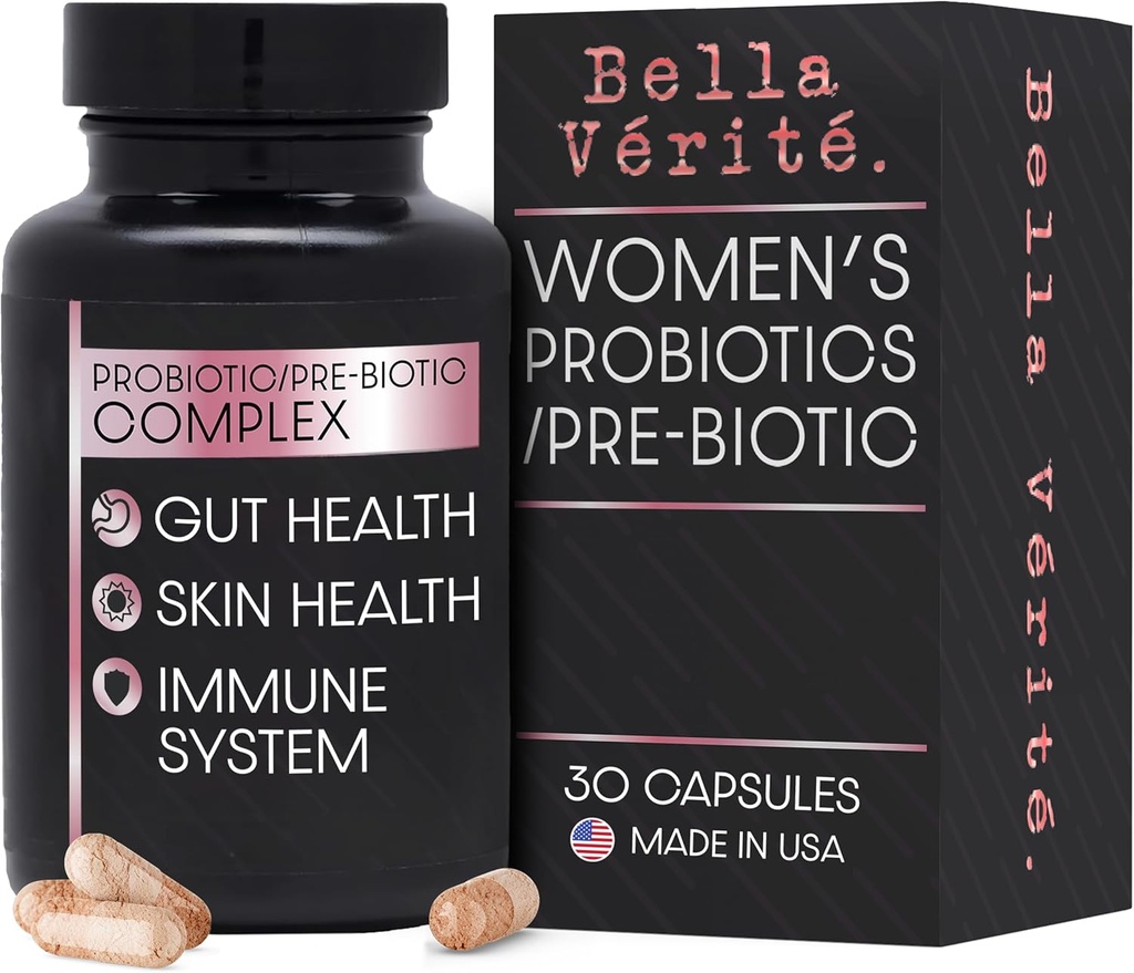 Bella Vérité. Complexo Probiótico e Prebiótico - Suporte Digestivo & Gut Saúde da Mulher - 3,45 Bilhões UFC Lactobacillus Probióticos para pele mais clara - Suplemento Probiótico Diário (30 Cápsulas Vegetarianas)